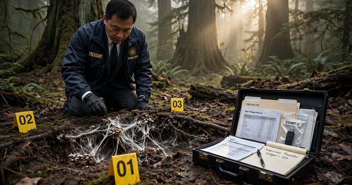 A Treasury Department financial crimes investigator in a dark suit kneels in an old-growth forest examining fungal mycelium in a cross-section of soil, yellow evidence markers around tree bases
