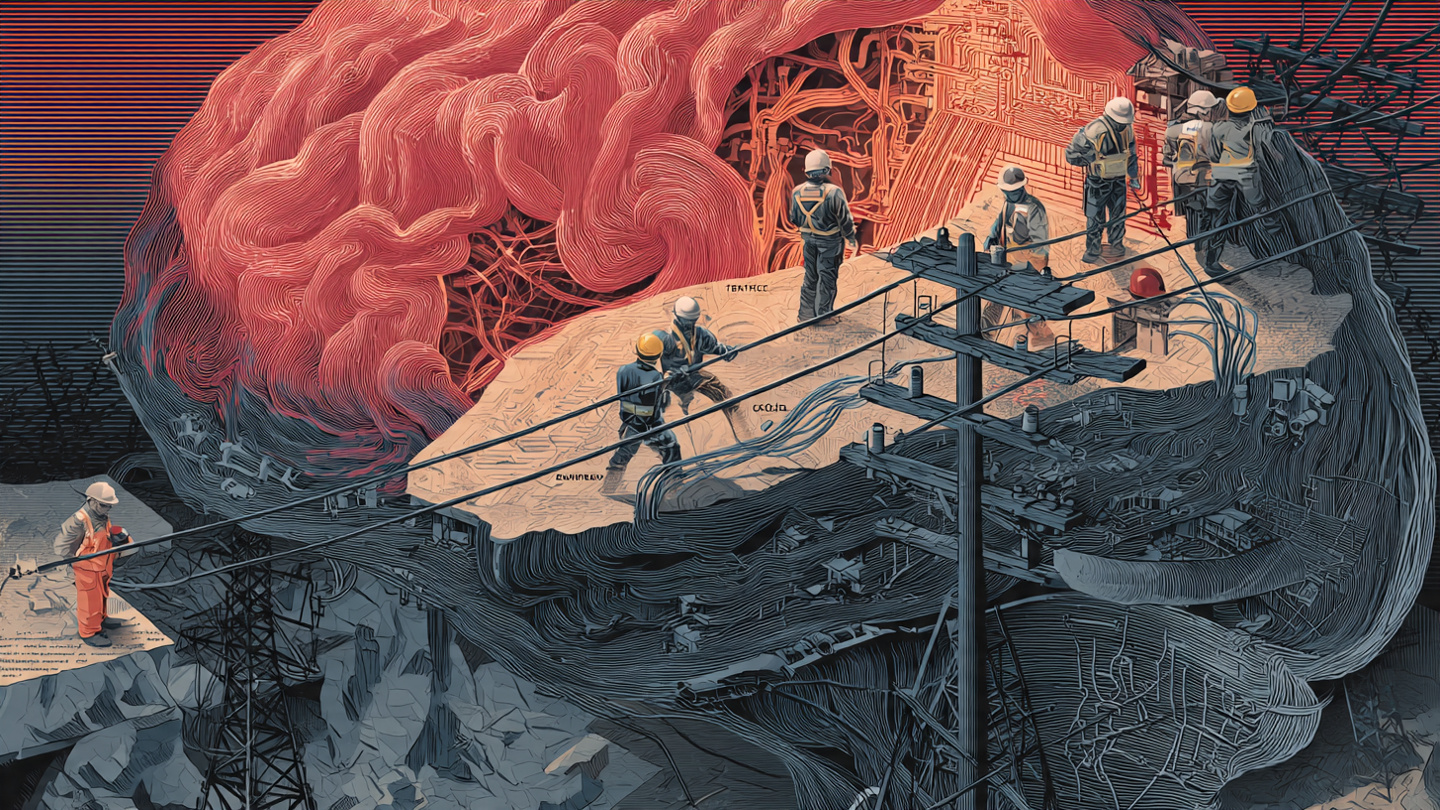 A human brain cross-section with neural pathways rendered as fiber optic cables and telephone wires, with tiny FCC inspectors examining synaptic connections