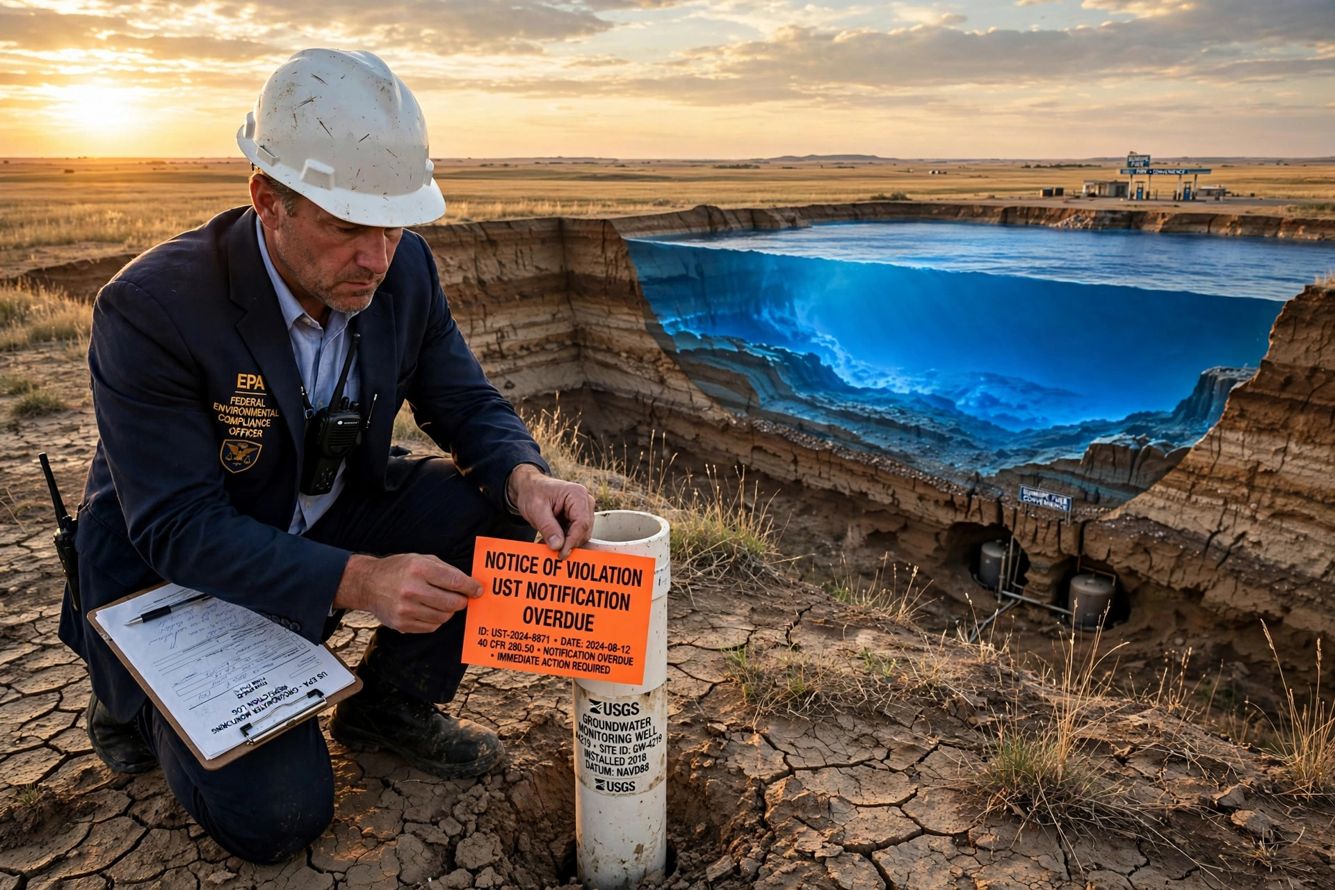 A stern federal environmental compliance officer in a white hard hat and navy blazer kneels on cracked prairie earth at golden hour, affixing a bright orange NOTICE OF VIOLATION tag reading UST NOTIFICATION OVERDUE to a USGS groundwater monitoring well pipe, while behind him the earth is cut away in cross-section revealing an enormous glowing blue underground water reservoir stretching to the horizon, a tiny rural gas station visible far in the corner for scale