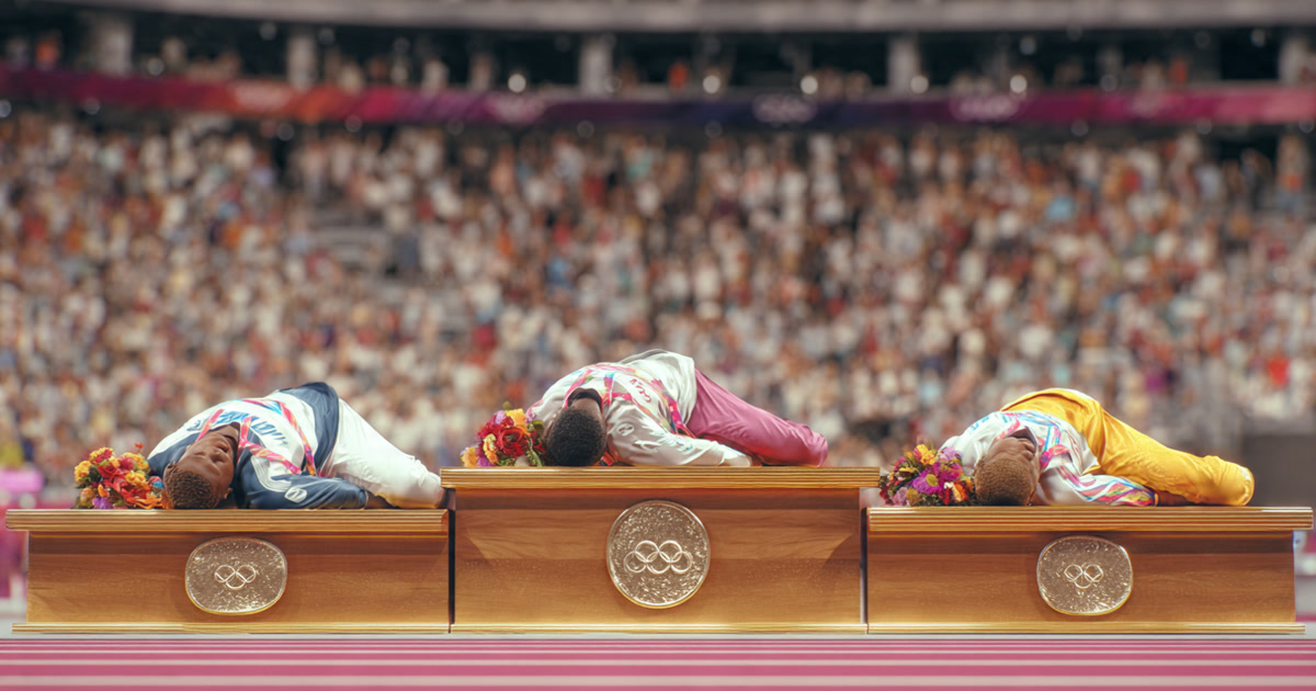 Athletes sleeping on an Olympic medal ceremony podium