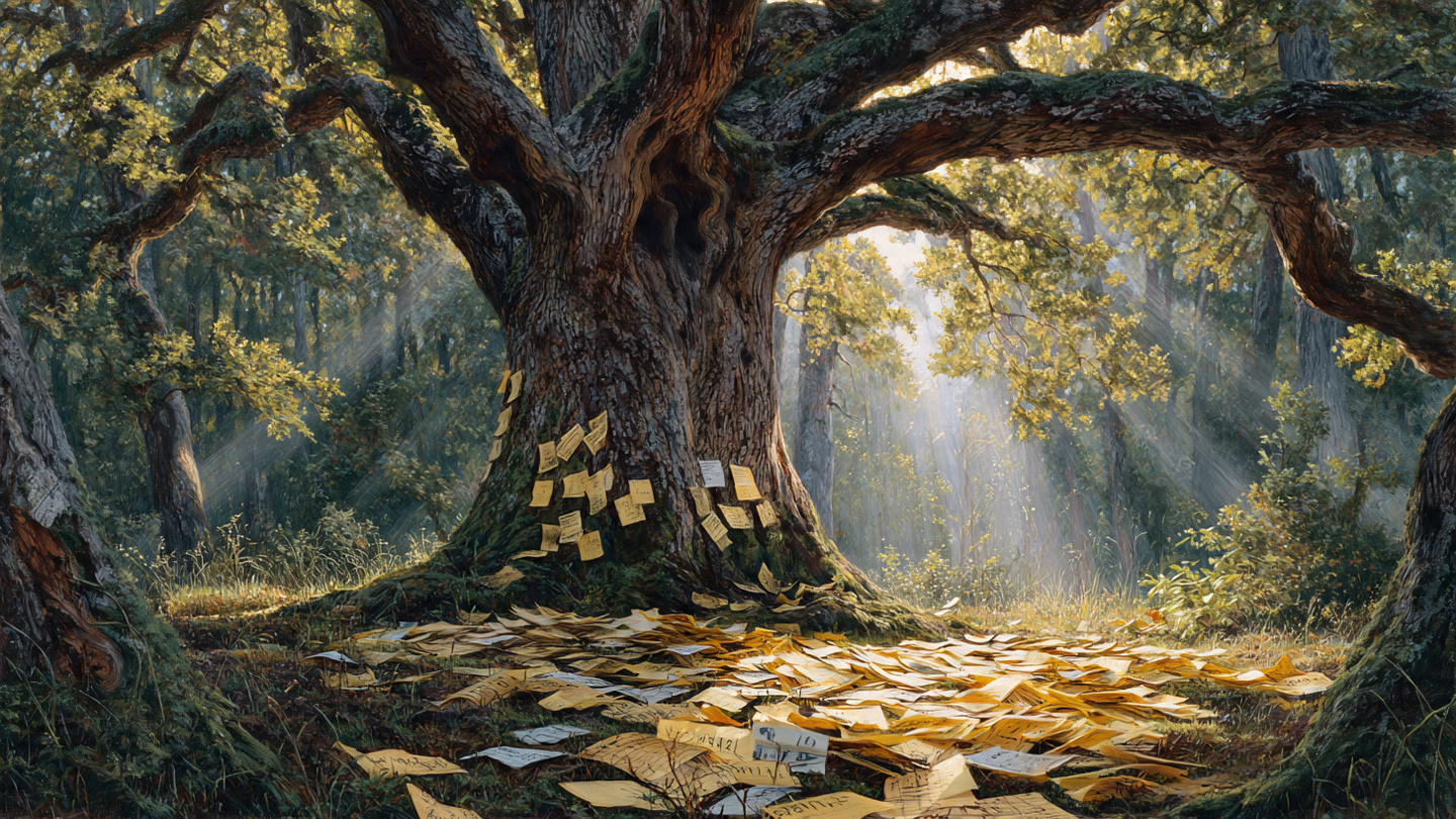A massive oak tree in a sunlit forest with IRS tax forms scattered at its base