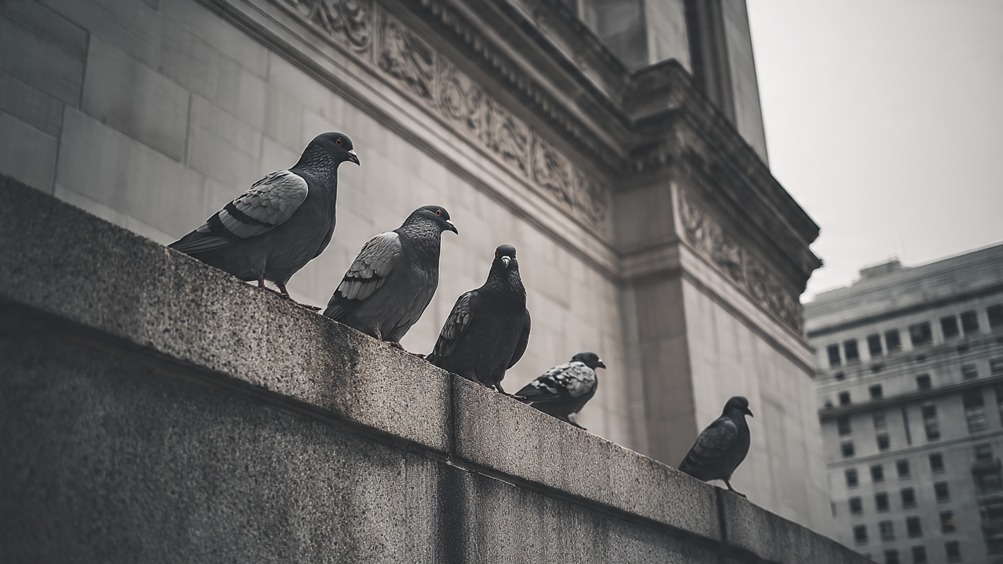 Feral pigeons perched on the stone steps of the Department of Justice building in Washington, D.C.