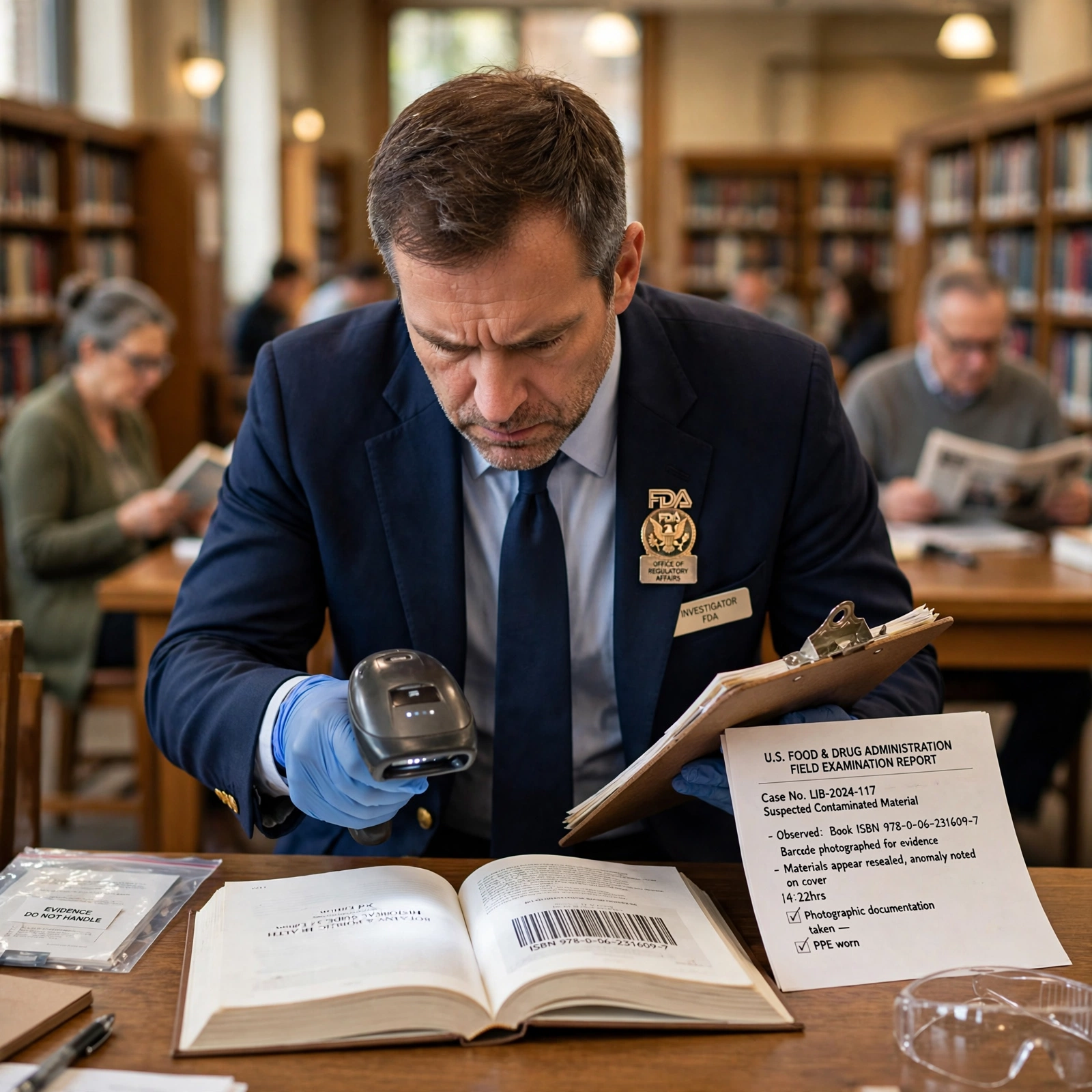 An FDA inspector in nitrile gloves examining a library book on a reading table inside a public library, with bookshelves stretching into the background