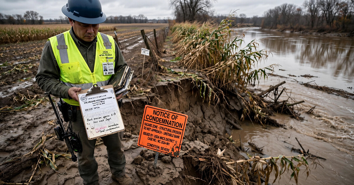 A federal surveyor in a hard hat and high-visibility vest stands at the crumbling edge of an eroding riverbank, holding official documents and surveying equipment, while brown river water consumes farmland and a Notice of Condemnation sign is staked into the collapsing dirt
