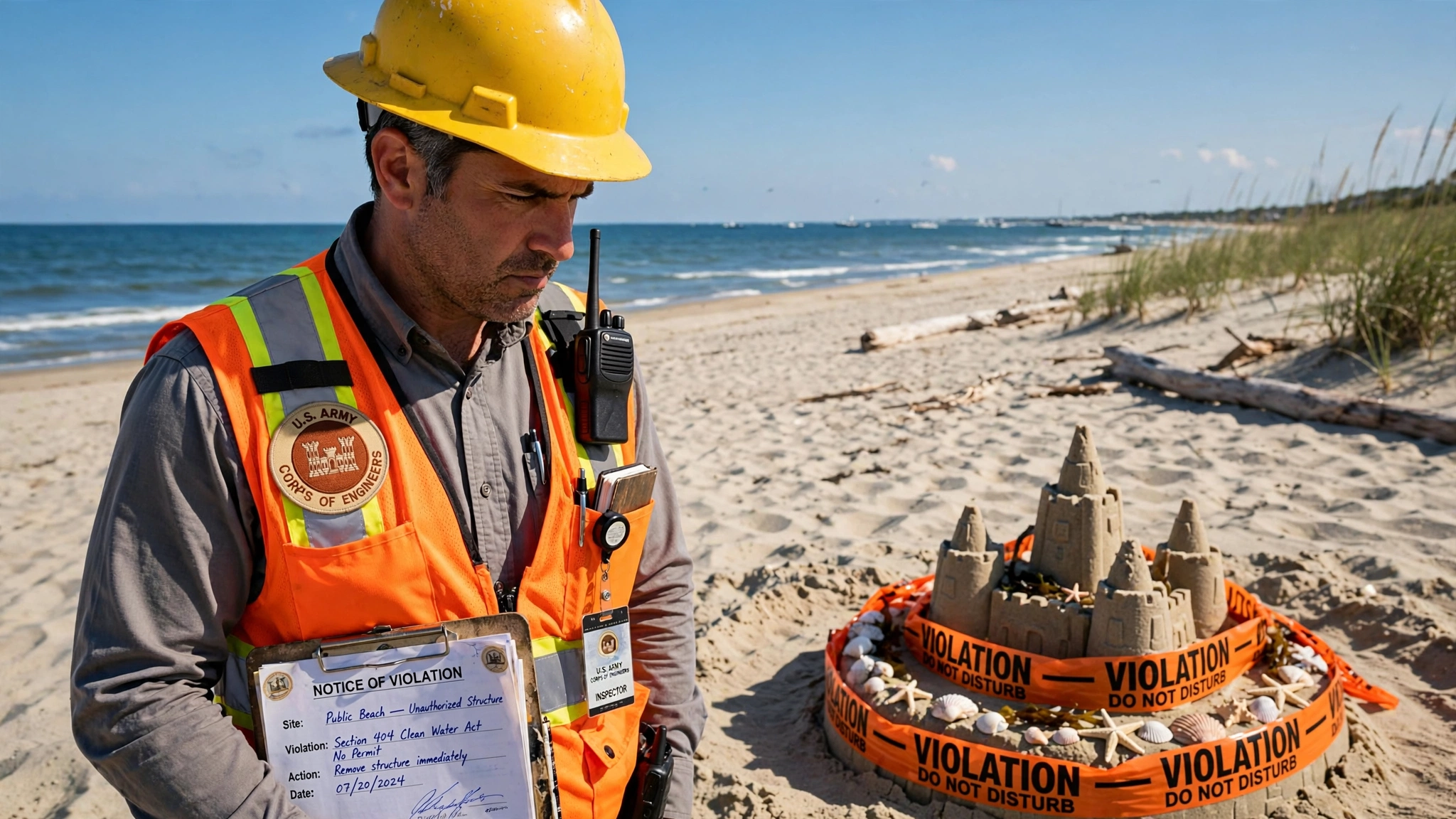 An Army Corps of Engineers inspector in a hard hat and reflective vest stands on a sunny beach with a clipboard, examining a child's sandcastle with orange violation tape around it