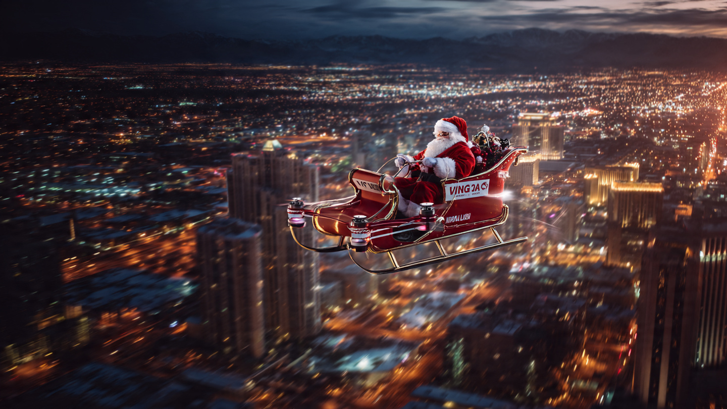 Santa's sleigh with FAA violation stickers flying through the night sky