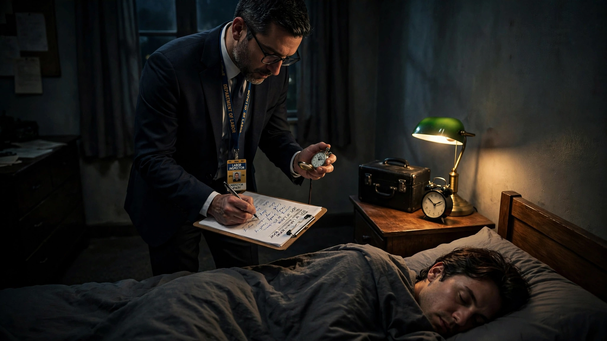 A federal labor inspector in a dark suit stands at the foot of a bed in a dimly lit bedroom, clipboard and stopwatch in hand, officially timing and observing a sleeping person while making notes, an alarm clock on the nightstand reading 2:47 AM