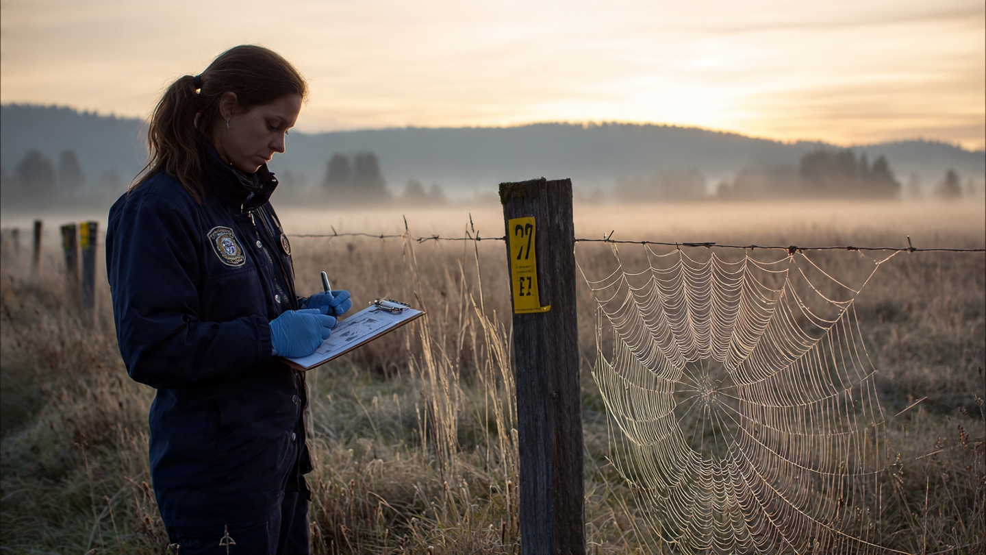 An EPA inspector in a navy windbreaker with clipboard examines a glistening orb weaver spiderweb between fence posts in a dewy meadow, yellow evidence markers at the base of each post