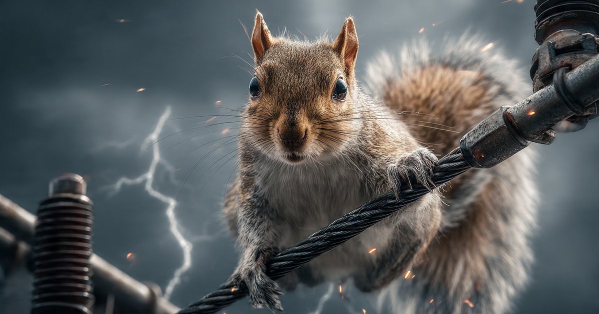 A squirrel perched on a high-voltage power line against a stormy sky