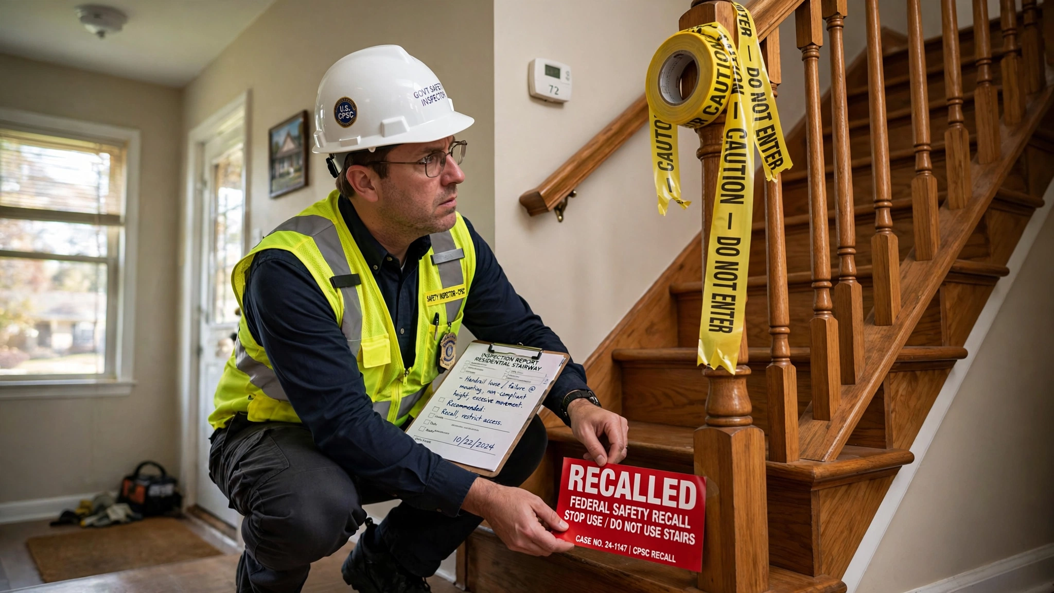 A government safety inspector in a hard hat and reflective vest places an official red RECALLED sticker on the bottom riser of a typical residential staircase while examining the handrail with concern, yellow caution tape draped over the banister