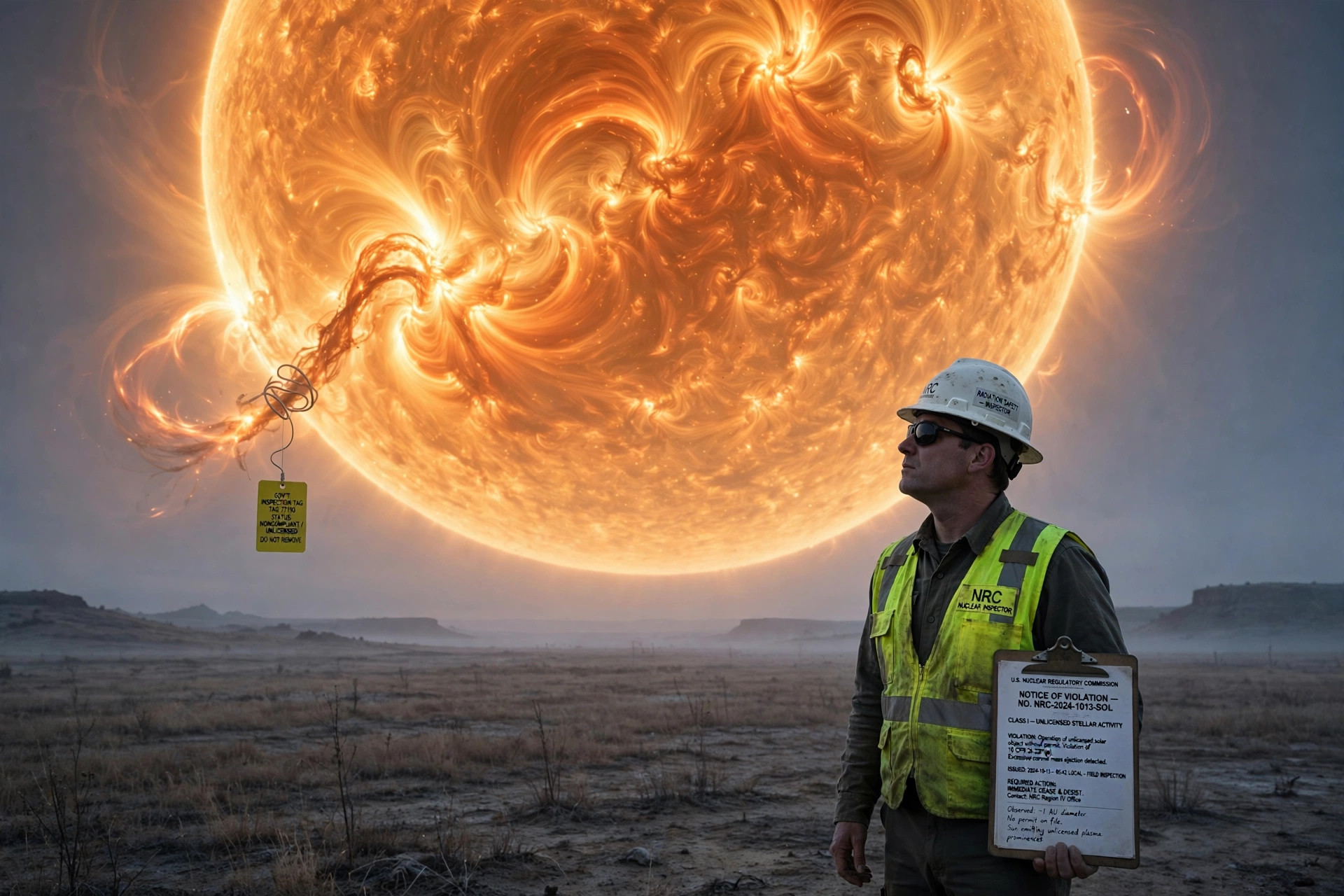 An NRC nuclear inspector in a white hard hat and high-visibility vest stands in a barren field holding a clipboard with a Notice of Violation for unlicensed stellar activity, looking up at an enormous blazing sun whose plasma filaments carry a dangling yellow government inspection tag