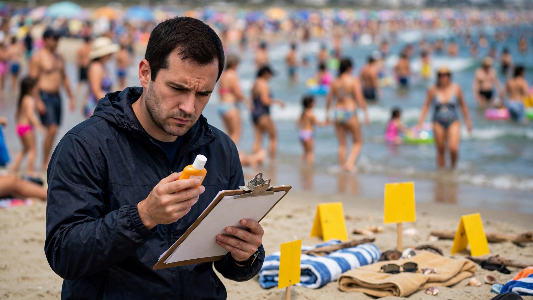 EPA inspector in navy windbreaker examining a bottle of sunscreen as evidence on a crowded public beach, with yellow evidence markers in the sand and oblivious beachgoers wading into the ocean behind