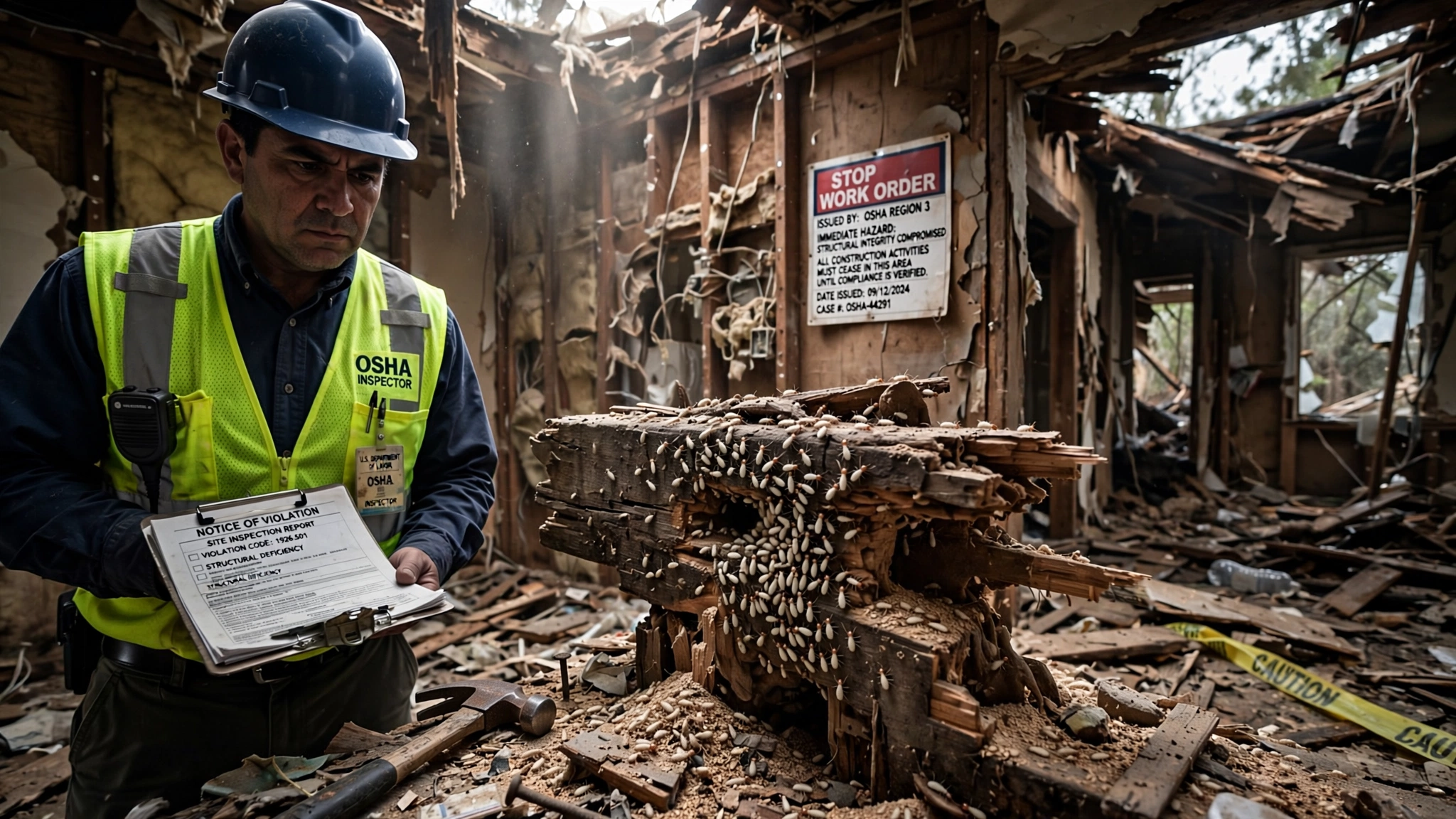 An OSHA inspector in a hardhat and high-visibility vest stands in a partially demolished wooden house, holding a clipboard of violation forms and looking down at termites consuming a structural beam, with a STOP WORK ORDER posted on the wall