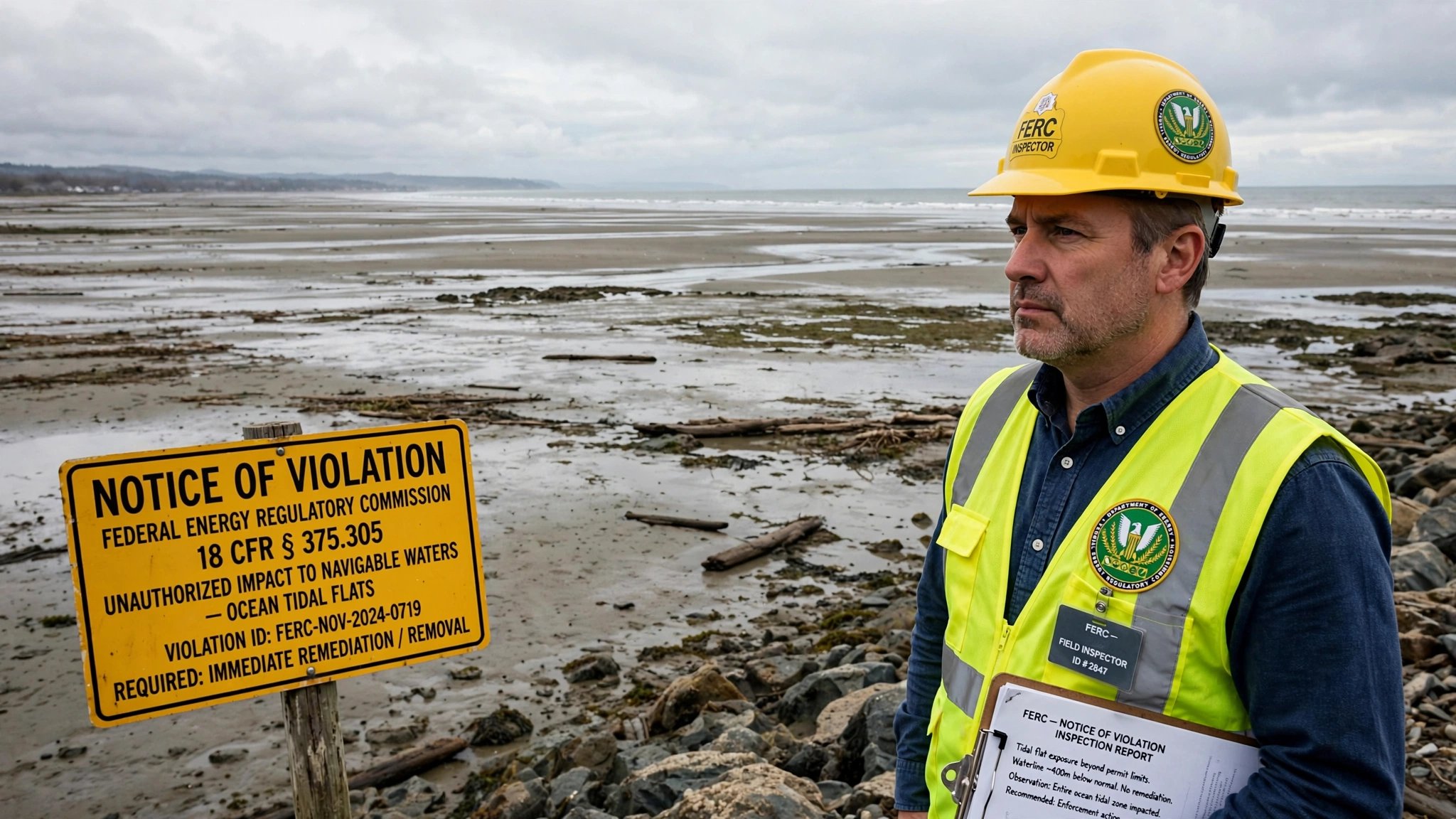 A FERC inspector in a hard hat and high-visibility vest stands on a rocky shoreline at low tide, holding a clipboard and looking disapprovingly at the ocean, with a Notice of Violation sign planted in the wet sand