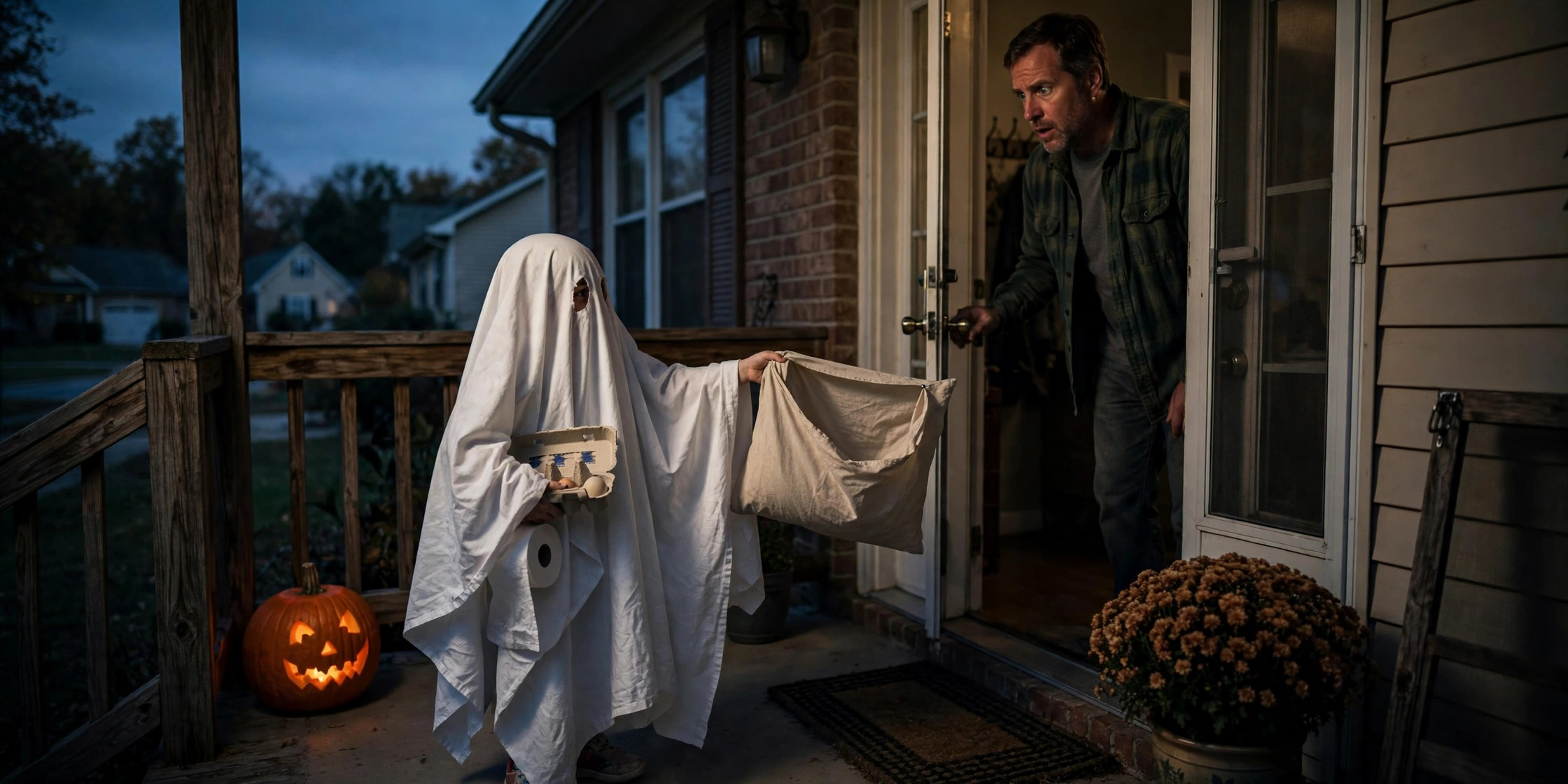 A serious photojournalistic scene at dusk on a suburban front porch: a small child in a white sheet ghost costume holds out an open pillowcase toward a bewildered homeowner standing in the doorway, a glowing jack-o-lantern beside the door, and tucked under the child's other arm the faintly visible outlines of an egg carton and a roll of toilet paper, cinematic chiaroscuro lighting, deadpan documentary style