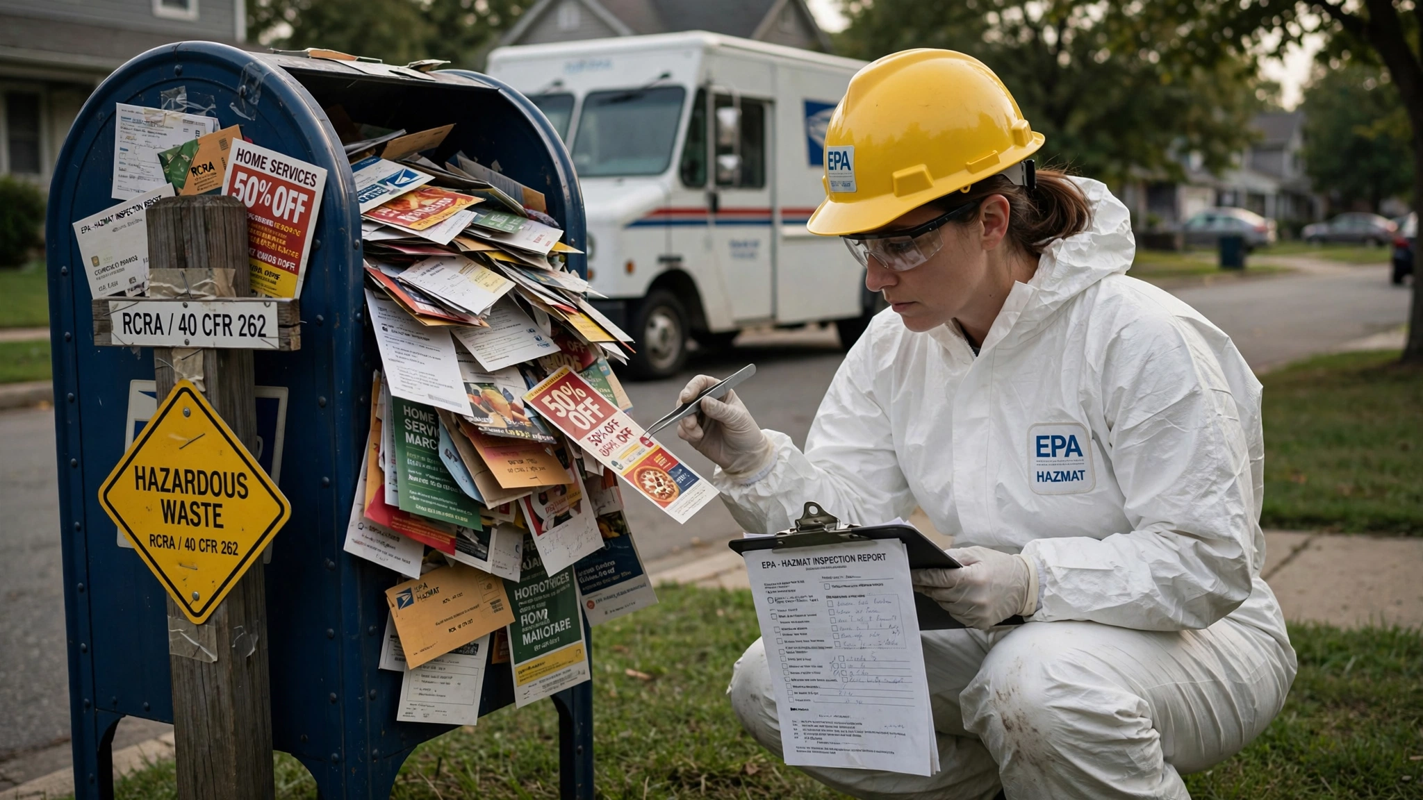 An EPA hazmat inspector in a Tyvek suit examining a standard residential USPS mailbox overflowing with marketing mail, with yellow RCRA hazardous waste placards affixed to the mailbox post and a USPS mail truck visible in the background