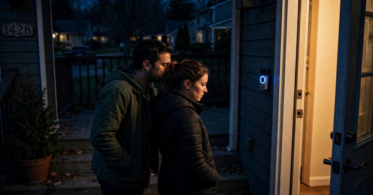 A serious photojournalistic scene at night on a suburban front porch: a video doorbell with a glowing blue ring mounted beside a front door, its small lens pointed at two people standing on the porch steps speaking to each other in low tones, one leaning in close to whisper, warm light spilling from the doorway behind them, cinematic chiaroscuro lighting, deadpan documentary style