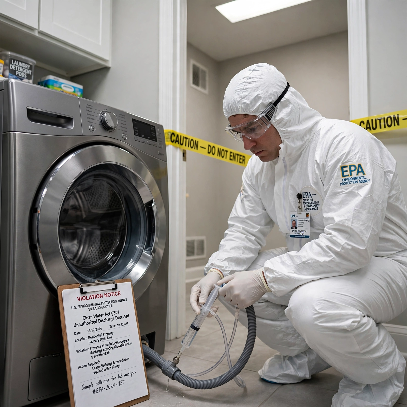 An EPA inspector in a white hazmat suit crouched beside a household washing machine in a suburban laundry room, holding a water sampling device to collect effluent from the drain hose, yellow caution tape across the doorway, clipboard with violation notice propped against the machine