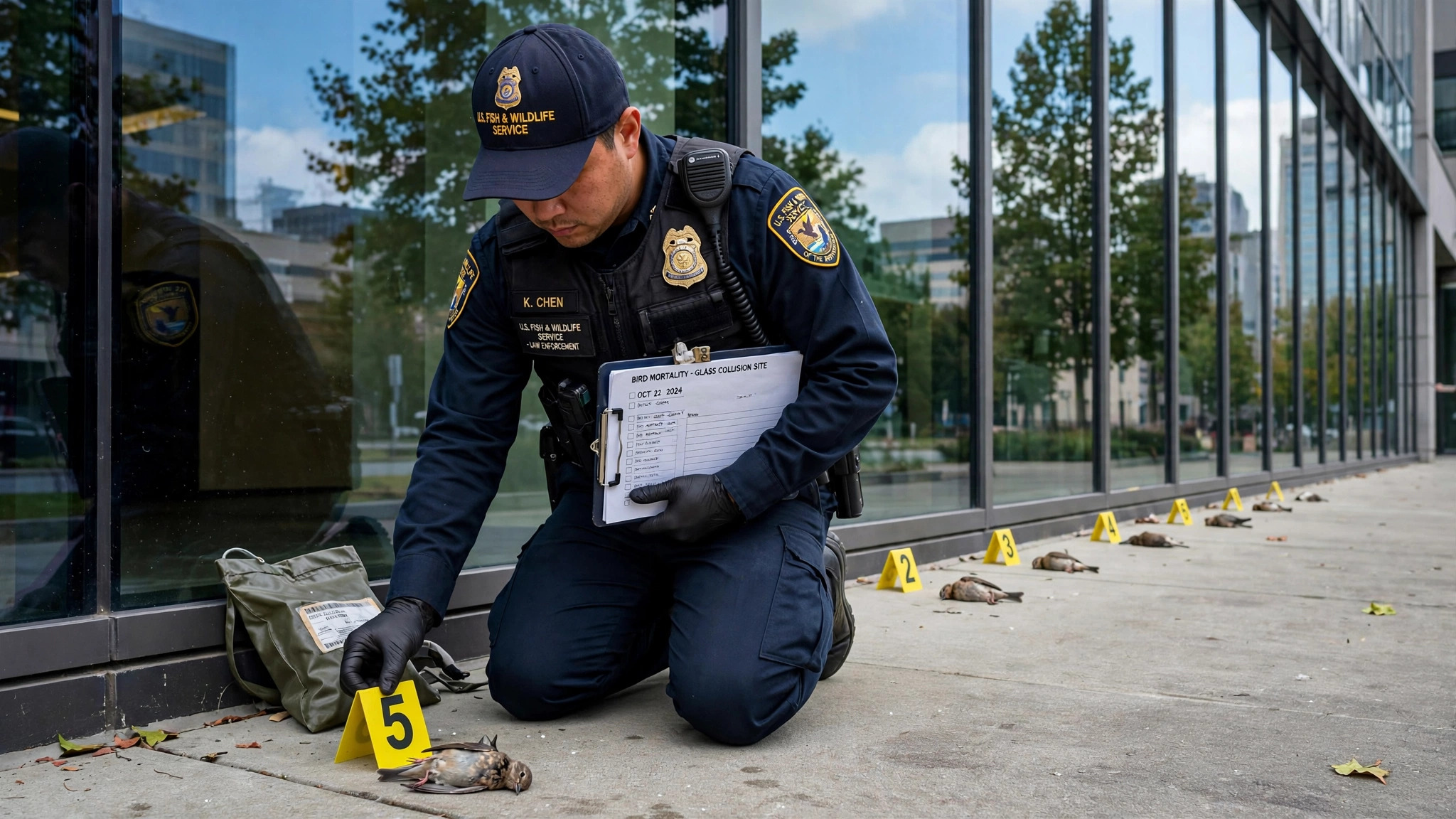 A U.S. Fish and Wildlife Service enforcement officer kneeling at the base of a modern glass building, placing yellow evidence markers next to dead songbirds on the sidewalk