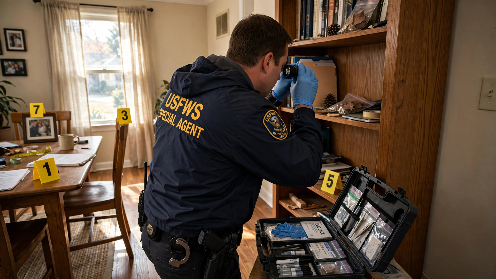 A U.S. Fish and Wildlife Service special agent in a dark navy windbreaker and nitrile gloves examines the wood grain of a bookshelf in a suburban living room, yellow evidence markers placed on a dining table and wooden chairs, an open evidence kit on the hardwood floor, natural afternoon light through curtains