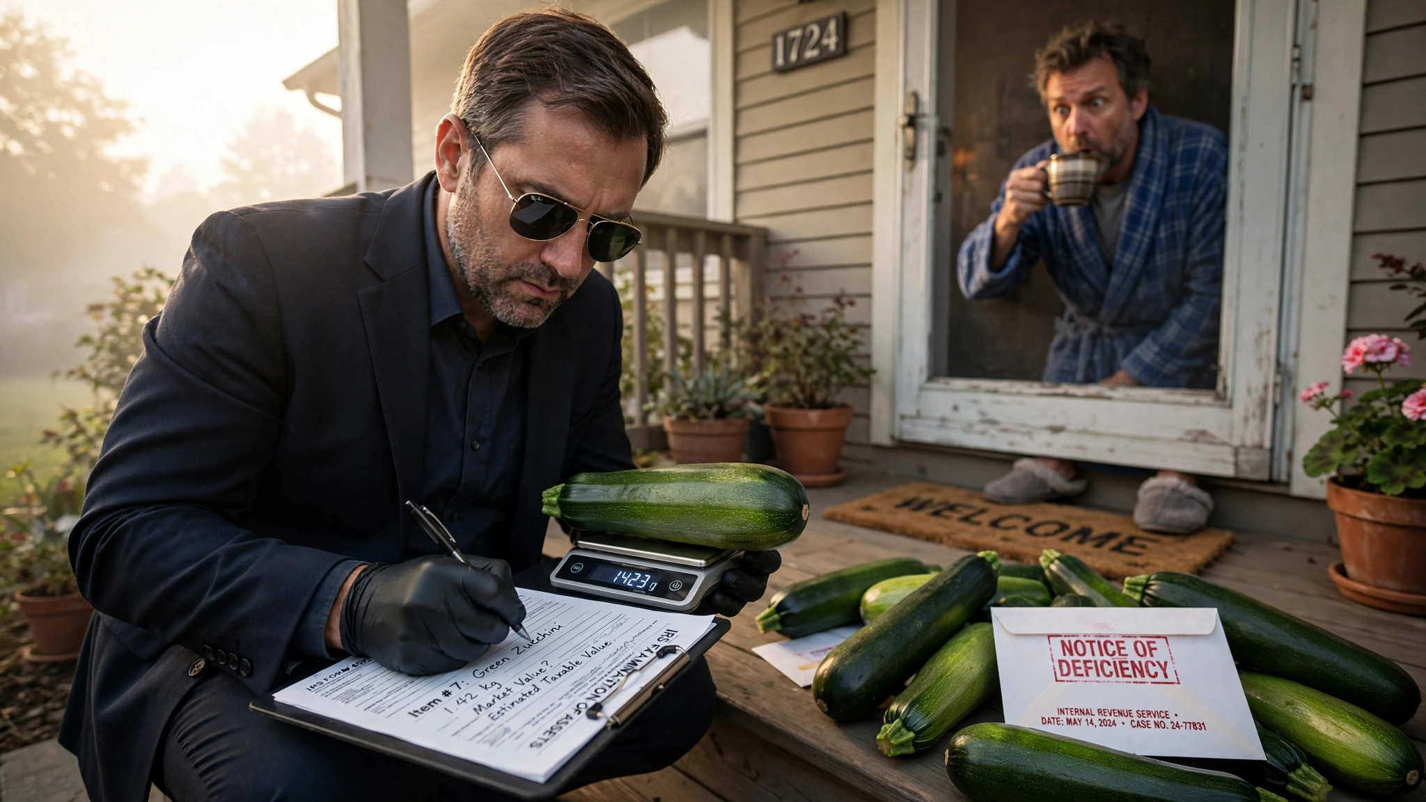 An IRS field auditor in a dark suit and aviator sunglasses kneeling on a suburban front porch, carefully weighing a large green zucchini on a precision digital scale while making notes on a tax form attached to a clipboard, several more zucchini scattered across the porch steps with a NOTICE OF DEFICIENCY envelope tucked among them, a bewildered homeowner in a bathrobe watching from behind a screen door